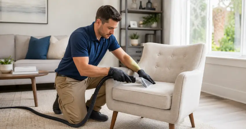 chair cleaning upholstery technician treating fabric in Ajax