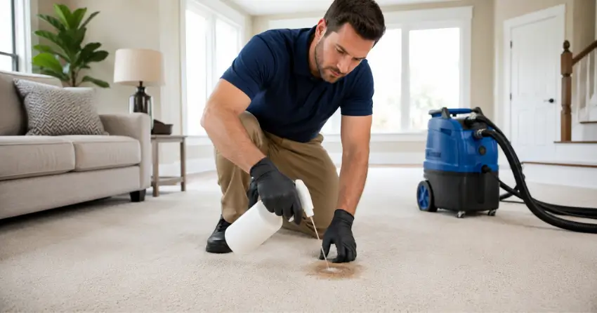coffee stain removal professional pre-treatment on carpet in Applecroft, Ajax
