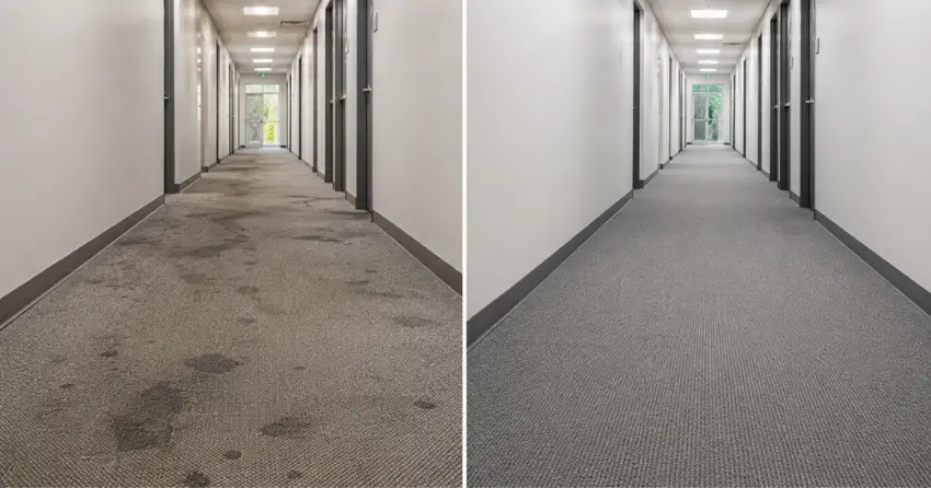 commercial carpet cleaning before and after office hallway comparison
