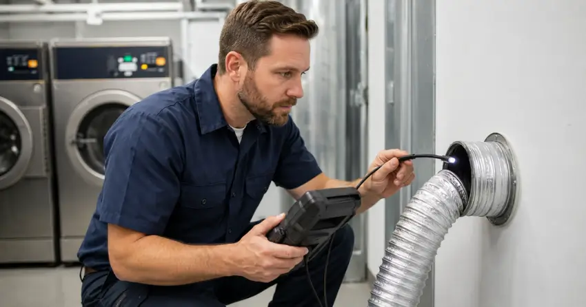 commercial dryer vent cleaning technician inspecting vent line in laundry facility Ajax