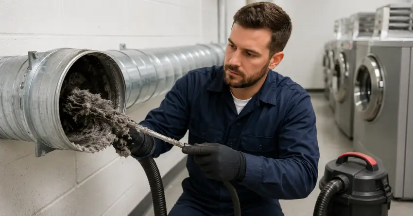commercial dryer lint buildup removed from vent line during professional cleaning