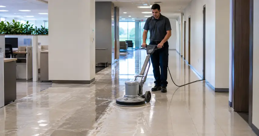 commercial floor cleaning machine stripping old wax from VCT tile in office Audley North, Ajax