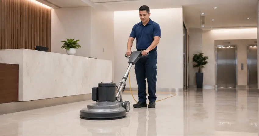 Commercial floor maintenance technician operating a high-speed burnishing machine on a polished floor in a Ajax commercial facility