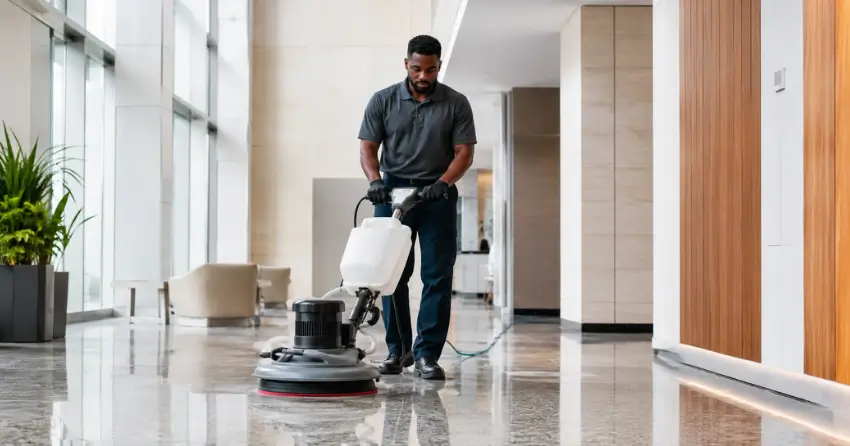 Commercial floor maintenance service being performed on polished floors in a Ajax commercial building lobby