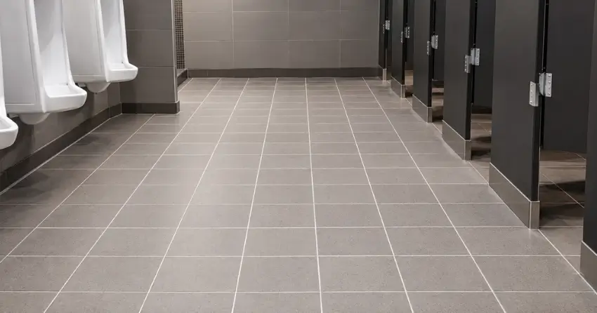Close-up view of commercial tile and grout cleaning results showing bright clean grout lines in a Carruthers Creek, Ajax commercial restroom