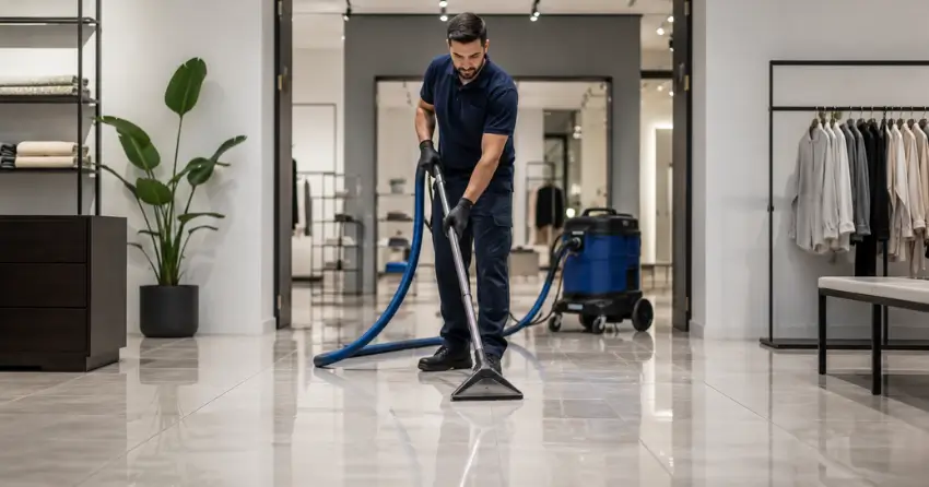 Commercial tile cleaning technician using professional extraction equipment on a high-gloss tile floor in a Ajax retail facility