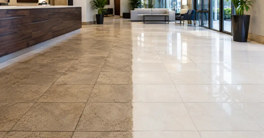 Before and after comparison of commercial tile cleaning results on a Ajax business floor showing restored surface clarity
