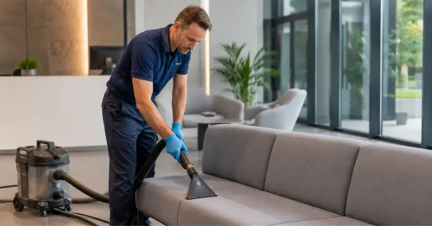 Clean commercial upholstery seating in a Carruthers Creek, Ajax corporate reception area showing the result of professional upholstery cleaning