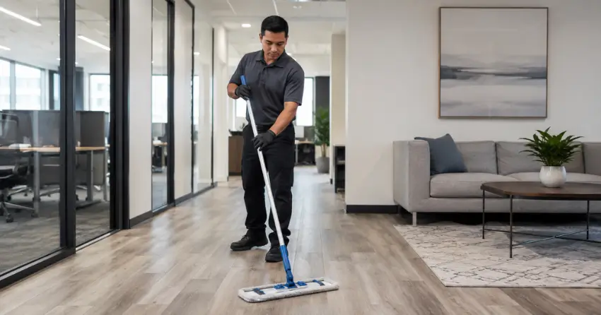 Commercial vinyl floor cleaning technician using low-moisture mop system on LVT flooring in a Ajax commercial office