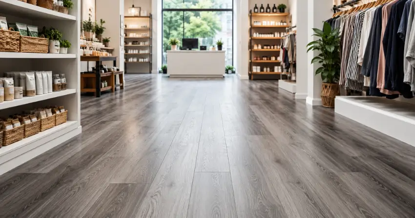 Freshly cleaned commercial vinyl floor in a Ajax retail space showing restored surface clarity and correct LVT sheen