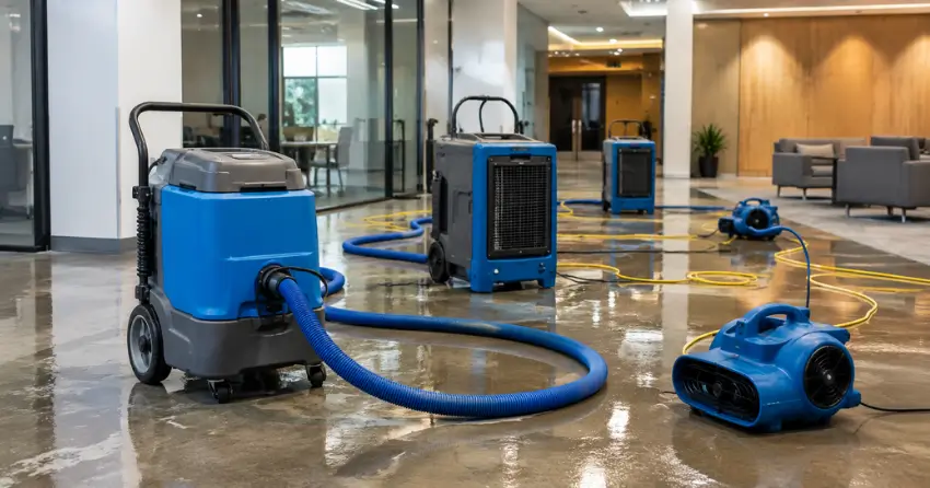commercial water damage restoration extraction equipment set up in business property
