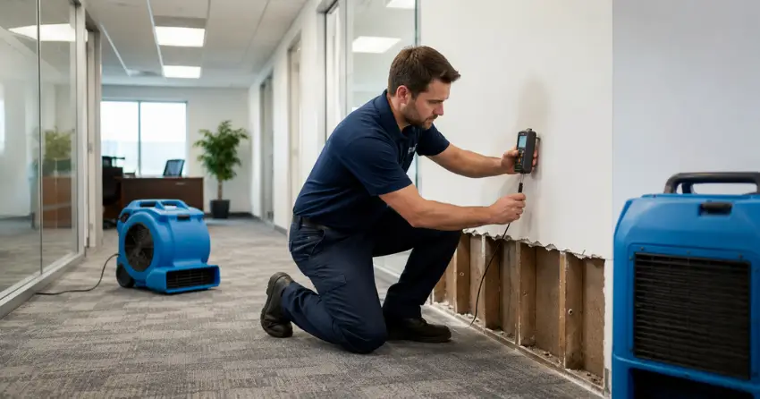 moisture monitoring during commercial water damage restoration in office building