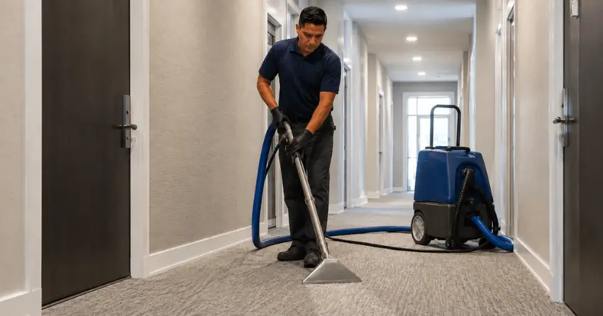 condo building carpet cleaning in hallway with professional extraction equipment