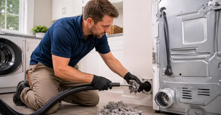dryer vent blockage removal technician clearing lint from duct in Applecroft, Ajax