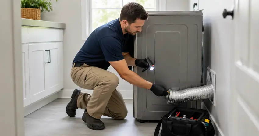 dryer vent cleaning technician inspecting duct connection in Ajax