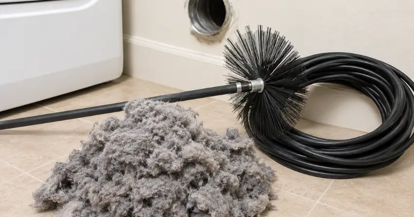 dryer vent cleaning rotary brush equipment and extracted lint debris