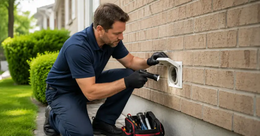 dryer vent inspection technician checking duct at exterior cap in Ajax