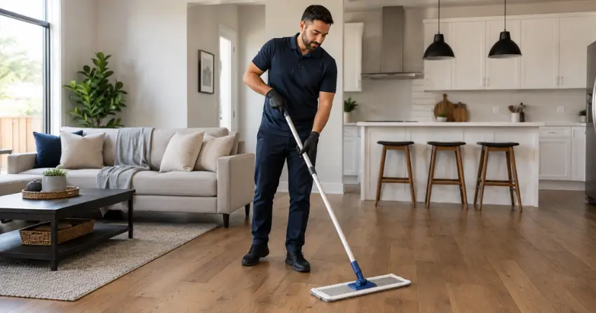 engineered wood floor cleaning technician working in Ajax
