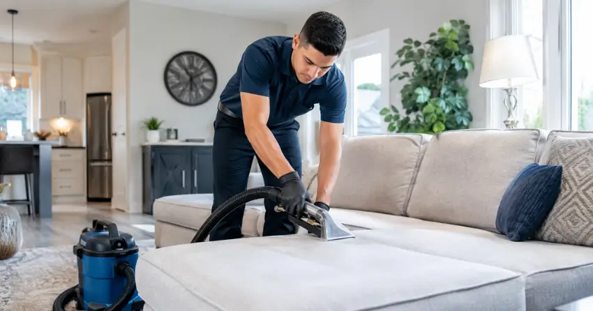 fabric furniture cleaning technician treating sofa in Clover Ridge, Ajax