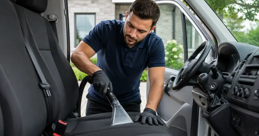 fleet vehicle interior cleaning technician cleaning company van seats in Ajax