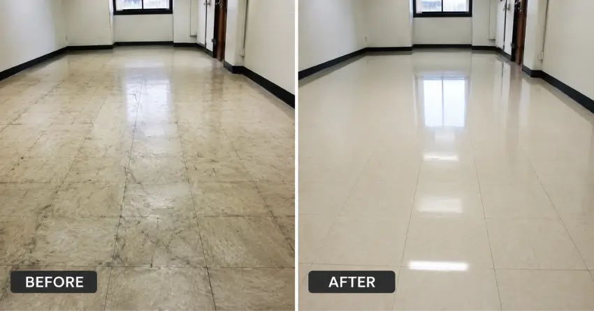 before and after comparison showing VCT tile floor restored after professional floor scrubbing service