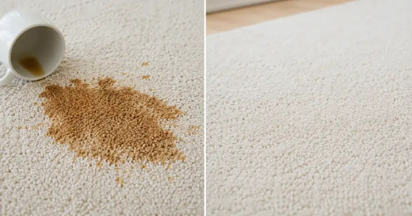 carpet stain before and after professional food and drink stain removal treatment showing full extraction result