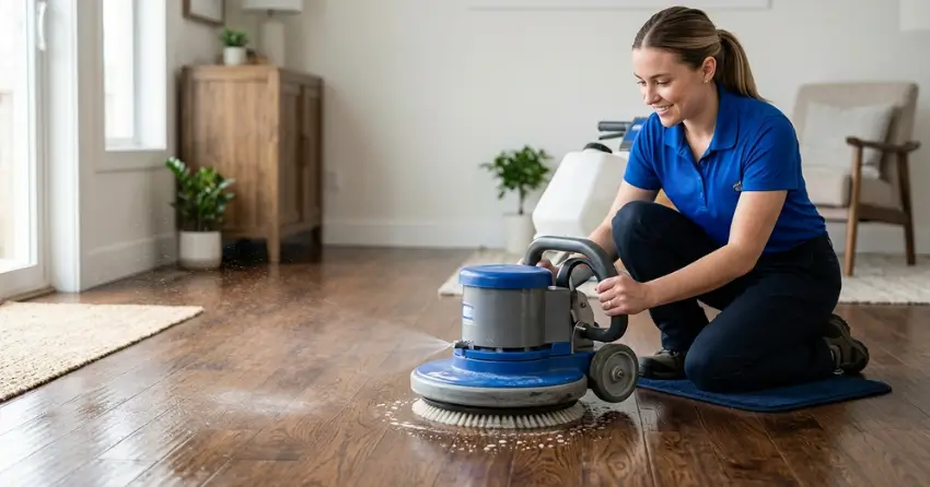 hardwood floor deep cleaning process close-up