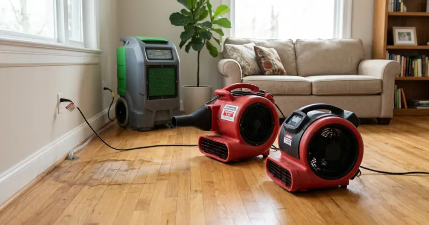 professional water damage drying equipment on hardwood floor in Ajax