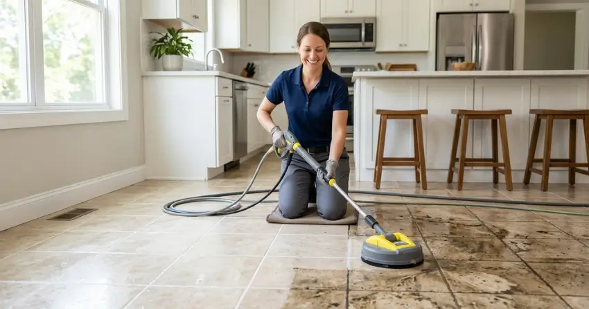 grout line cleaning before and after high-pressure tile cleaning in Clover Ridge, Ajax