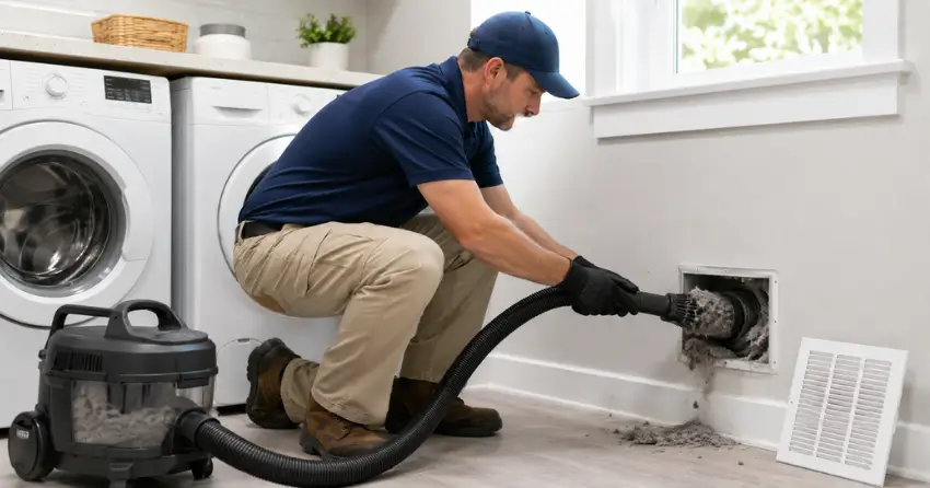 dryer vent lint buildup and duct cleaning equipment