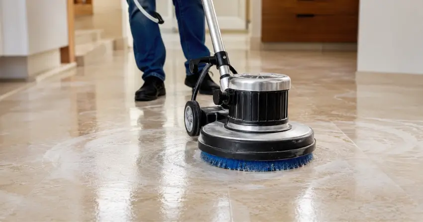 polished limestone floor cleaning close up detail