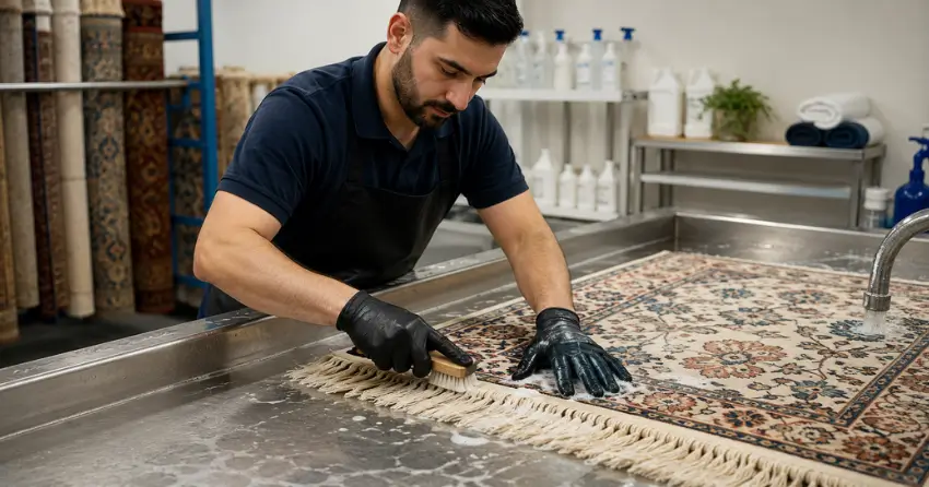 professional rug fringe cleaning process showing hand washing technique in Audley North, Ajax