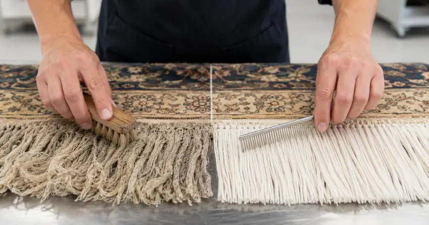 rug fringe cleaning before and after showing restored fringe in Audley North, Ajax