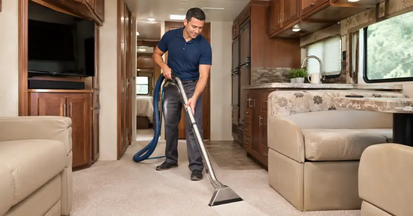 RV carpet cleaning technician using low-moisture extraction