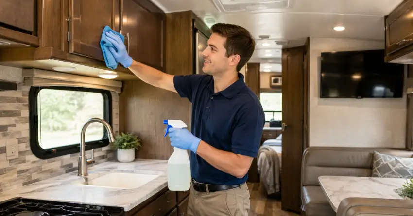 RV interior cleaning technician wiping down cabinet surfaces