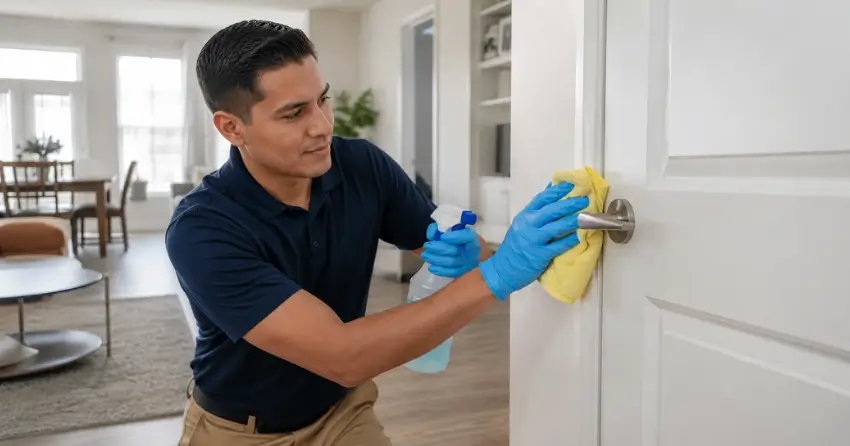 technician applying sanitizing treatment to high-touch surfaces