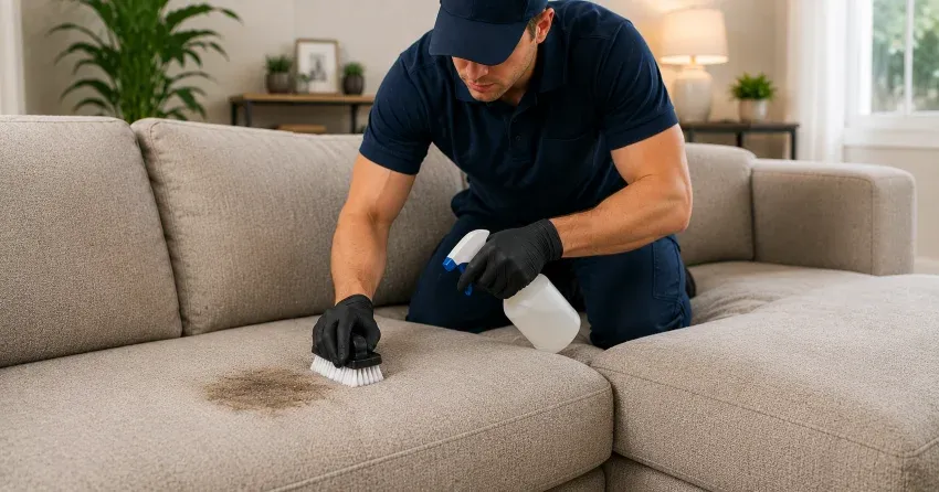 technician treating pet stains on a sectional sofa