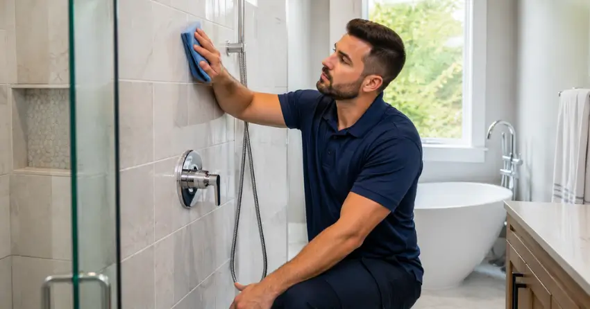 shower wall cleaning technician treating tile surface in Clover Ridge, Ajax