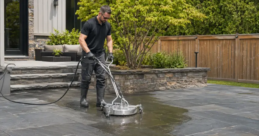 slate cleaning technician treating patio surface in Carruthers Creek, Ajax