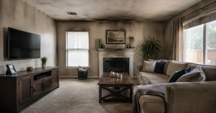 smoke damaged room before professional odor treatment Ajax