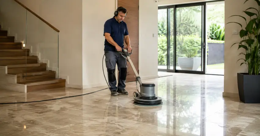 Stone Floor Polishing Ajax diamond abrasive equipment in use