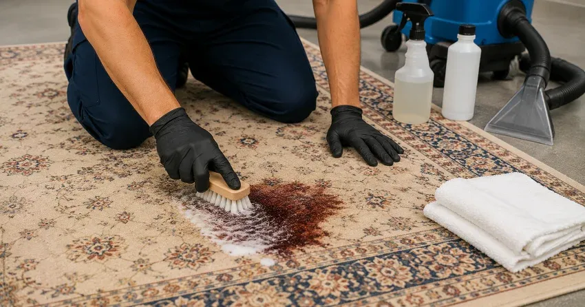 rug stain removal treatment process on area rug in Ajax