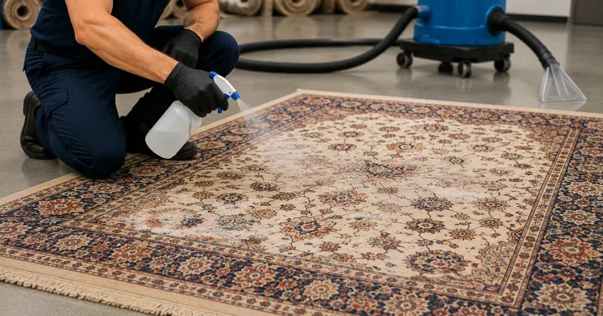 rug sanitizing treatment being applied to rug pile in Applecroft, Ajax