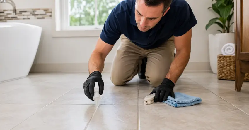 enzyme treatment being used on tile grout joints