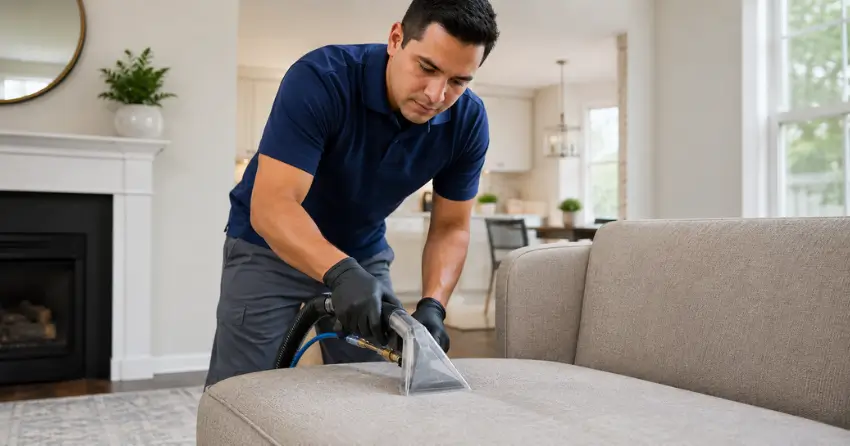 upholstery cleaning technician extracting soil from fabric sofa