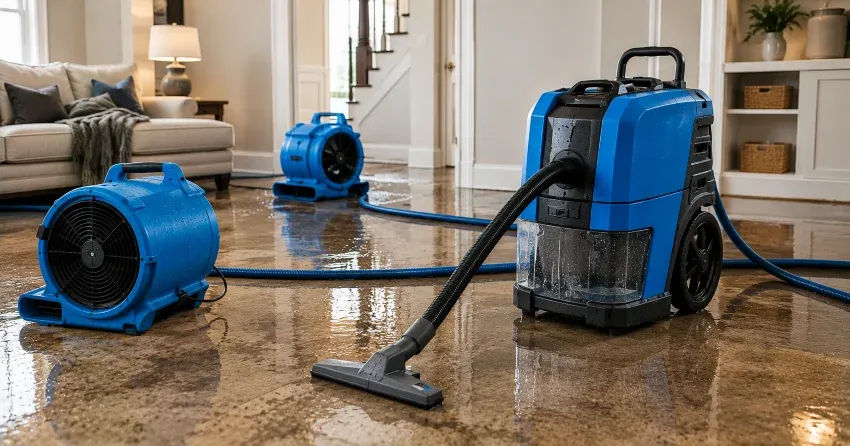 water extraction equipment set up inside flooded home in Applecroft, Ajax