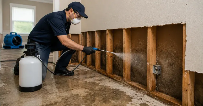 antimicrobial treatment applied during water damage restoration