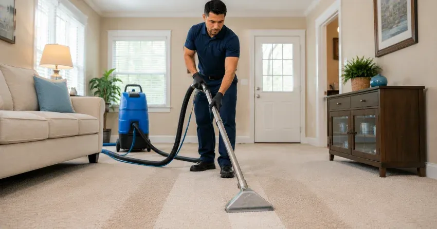 wall-to-wall carpet cleaning technician using hot water extraction in Ajax