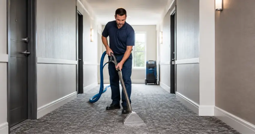 apartment building carpet cleaning technician working in hallway in Ajax