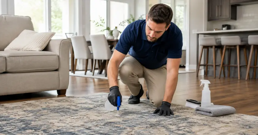 area rug cleaning process inspection and pre-treatment in Applecroft, Ajax